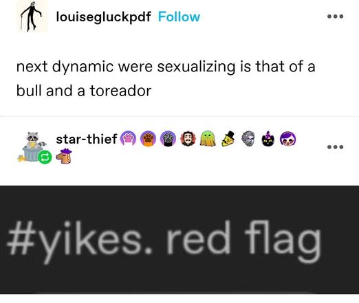 next dynamic were sexualizing is that of a bull and a toreador 

Tag: yikes. Red flag