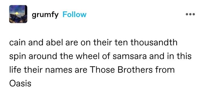 cain and abel are on their ten thousandth spin around the wheel of samsara and in this life their names are Those Brothers from Oasis
