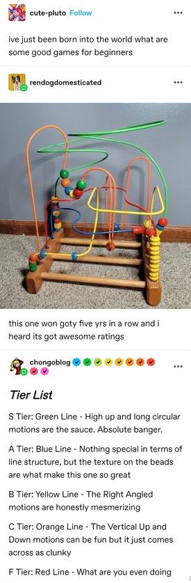 cute pluto: ive just been born into the world what are some good games for beginners

ren dog domesticated: Picture of a baby toy consisting of wiggly wire lines in various colours which move around each other. Each line has a selection of beads to slide along it.

this one won goty five yrs in a row and i heard its got awesome ratings 

chongoblog: Tier List
S Tier: Green Line - High up and long circular motions are the sauce. Absolute banger.


A Tier: Blue Line - Nothing special in terms of line structure, but the texture on the beads are what make this one so great

B Tier: Yellow Line - The Right Angled motions are honestly mesmerizing

C Tier: Orange Line - The Vertical Up and Down motions can be fun but it just comes across as clunky

F Tier: Red Line - What are you even doing