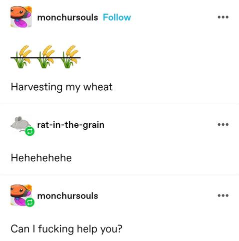 monchursouls: three corn emoji, with strikethrough formatting applied

Harvesting my wheat

rat in the grain: Hehehehehe

monchursouls: Can I fucking help you?