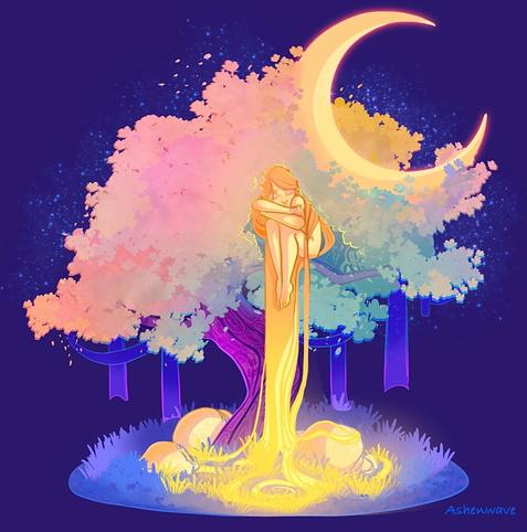 Digital illustration of a multicolored tree with a crescent moon perched on its canopy. A young woman is sitting on a branch between the leaves, sleeping with her head resting on her crossed arms. Her glowing orange long hair cascades to the ground, where it makes new glowing grass grow.