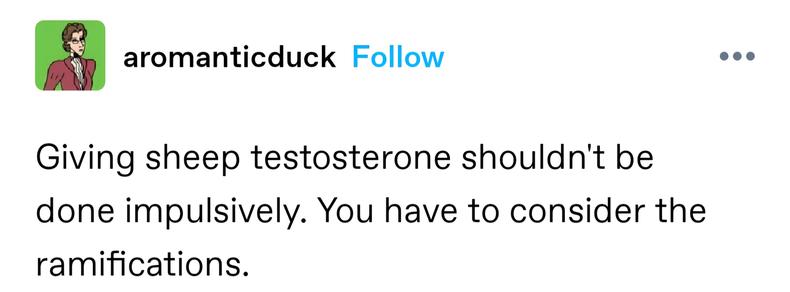 Giving sheep testosterone shouldn't be done impulsively. You have to consider the ramifications.