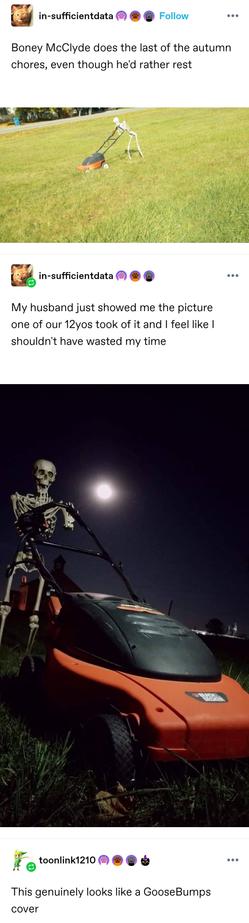 Boney McClyde does the last of the autumn chores, even though he'd rather rest

Photo of a skeleton in daylight, seen from a distance, posed with a lawnmower to appear as if it is mowing the lawn

My husband just showed me the picture one of our 12yos took of it and I feel like I shouldn't have wasted my time

Night time full moon photo of the same skeleton with a lawnmower.  Taken from a low angle. It looks fuckin cool

This genuinely looks like a GooseBumps cover