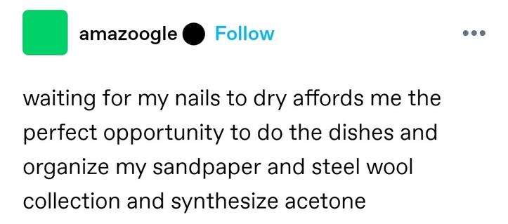 waiting for my nails to dry affords me the perfect opportunity to do the dishes and organize my sandpaper and steel wool collection and synthesize acetone
