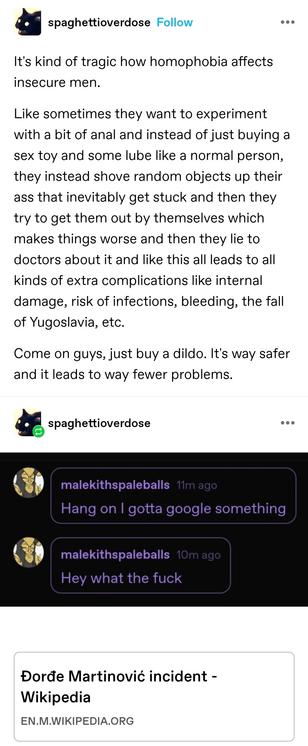 It's kind of tragic how homophobia affects insecure men.

Like sometimes they want to experiment with a bit of anal and instead of just buying a sex toy and some lube like a normal person, they instead shove random objects up their ass that inevitably get stuck and then they try to get them out by themselves which makes things worse and then they lie to doctors about it and like this all leads to all kinds of extra complications like internal damage, risk of infections, bleeding, the fall of Yugoslavia, etc.

Come on guys, just buy a dildo. It's way safer and it leads to way fewer problems.

Screenshotted replies: Hang on I gotta google something

Hey what the fuck 

Screenshotted wikipedia page: Dorde Martinovic incident
