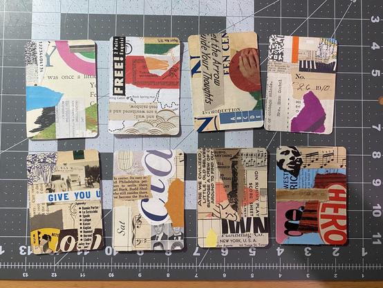 Eight small (2.5"x3.5" inches) collages made on bristol board, using a very random collection of paper scraps from magazines, receipts, old books, and random ephemera that I've collected the last few years.