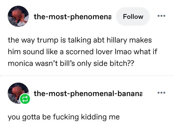 the most phenomenal banality: the way trump is talking abt hillary makes him sound like a scorned lover lmao what if monica wasn’t bill’s only side bitch??

OP's self reblog: you gotta be fucking kidding me