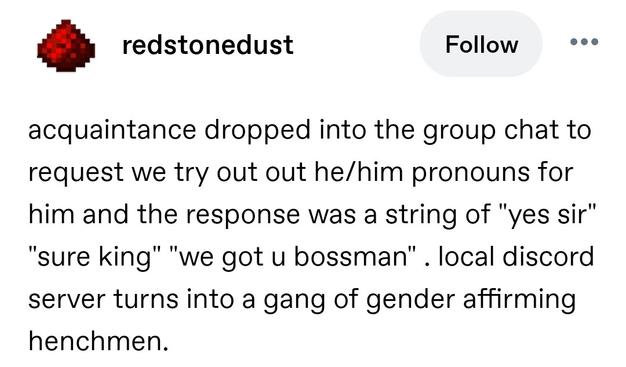 acquaintance dropped into the group chat to request we try out out he/him pronouns for him and the response was a string of "yes sir" "sure king" "we got u bossman" . local discord server turns into a gang of gender affirming henchmen.