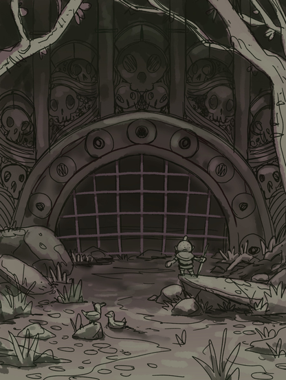 Dark sketch of a lake with a closed gate at the back.