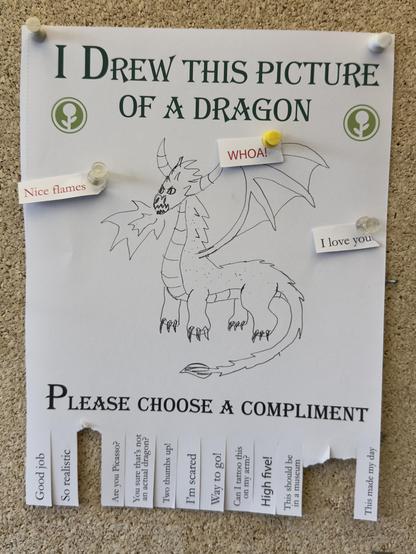 A flyer tacked to a cork board. It’s a crude drawing of a dragon with the title 

I drew this picture of a dragon. Please choose a compliment:

Good job
So realistic
Are you Picasso?
You sure that's not
an actual dragon?
Two thumbs up!
I'm scared
Way to go!
Can I tattoo this
on my arm?
High five!
This should be
in a museum
This made my day
Nice flames
WHOA!
I love you