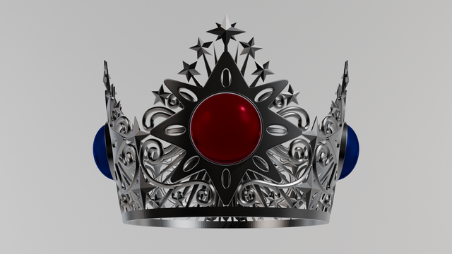 3D render of a silver crown with a red gem on the front and blue gems on the sides.