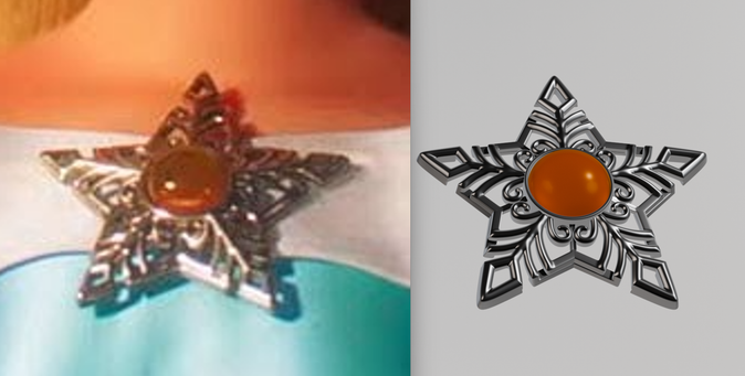 Comparison image of a still from the movie trailer on the left, cropped to show a star shaped silver brooch with an orange gem in the center, and a 3D render of the same brooch on the right.