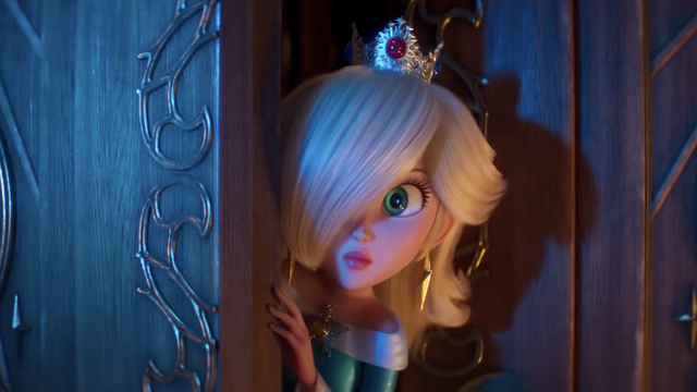 Still from the new Super Mario Bros. movie showing Princess Rosalina peeking out of a doorway.