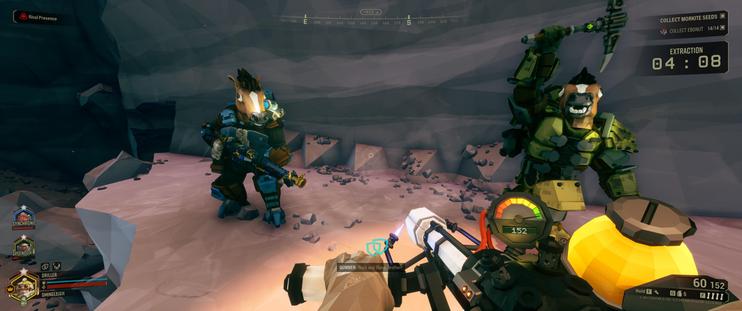 A screenshot from Deep Rock Galactic. All the players have horse heads.