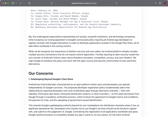 First page of the open letter opposing the Google Android Developer Verification program.