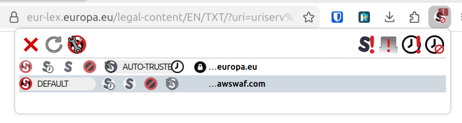 Screenshot from NoScript browser extension showing script execution from the domains europa.eu and awswaf.com
