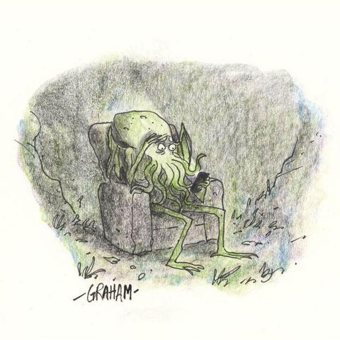A cartoon illustration showing a very stressed Cthulhu looking at news on his phone.