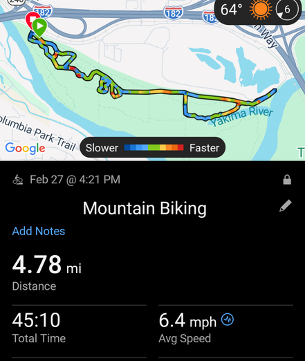 Garmin activity screen for a 45 min/4.78 mi mountain bike ride on a sunny day at 64° F.