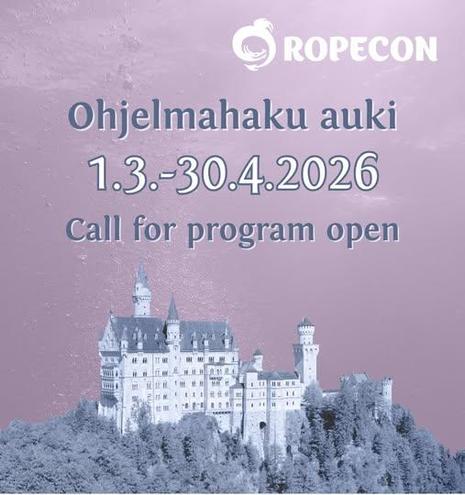 Ropecon 2026 ohjelmahaku auki 1.3.–30.4.2026

Ropecon 2026: Call for program is now open (March 1 to April 30, 2026)