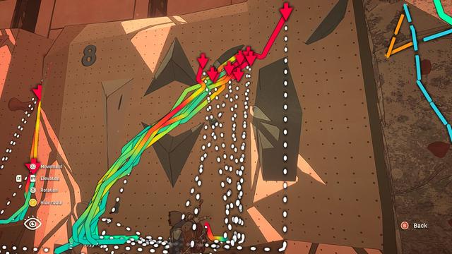screenshot of the tutorial of Cairn; it's a climbing wall showing paths, there's at least nine downward red arrows showing the bits where I continually fell off the tutorial climbing wall