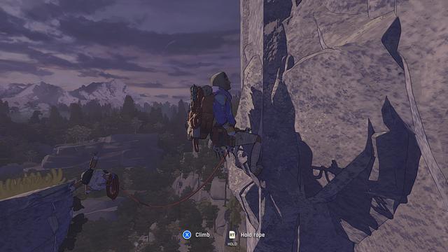 screenshot from Cairn; Aava is climbing a steep cliff on the right side of the screen and has just jumped from a pillar on the left where a climbot is holding her rope (with some dubiousness how it's going to catch her if she falls from the other side)