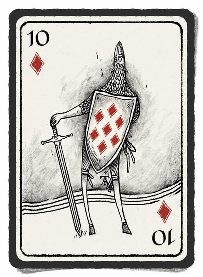 Spielkarte Karo 10 mit Ritter
