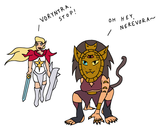 morrowind x she-ra catradora colored, digitally-traced drawing. adora is nerevar ("nerevora"). catra is voryn dagoth aka dagoth ur ("voryntra")

catra has some of nerevar's costume elements and catra has some of voryn's

"voryntra, stop!"

"oh hey, nerevora~"