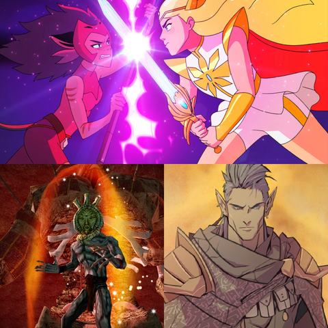 a collage of official art of catra, adora, dagoth ur, and nerevar