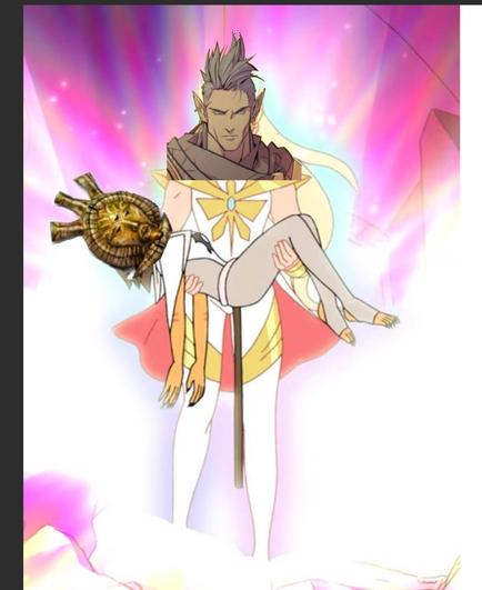 a photoshop of a frame from she-ra where adora is carrying catra after she saves her. nerevar is edited over adora's face. voryn dagoth's (dagoth ur) face is edited over catra's