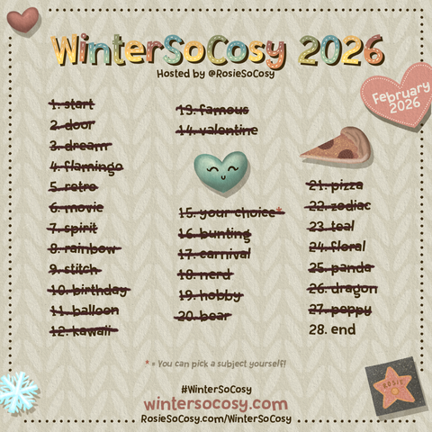 The complete list of prompts for WinterSoCosy February 2026, showing all the days that have been completed so far. Days 1-27 are done.