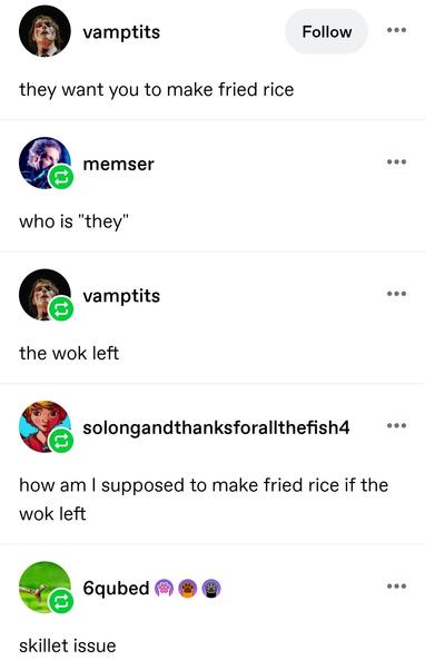 Vamp tits: they want you to make fried rice
Memser: who is they
Vamp tits: the wok left
So long and thanks for all the fish: how am I supposed to make fried rice if the wok left
6 cubed: skillet issue