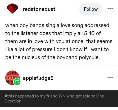 when boy bands sing a love song addressed to the listener does that imply all 5-10 of them are in love with you at once. that seems like a lot of pressure i don't know if i want to be the nucleus of the boyband polycule.

Screenshotted tags: this happened to my friend Y/N who got sold to one direction