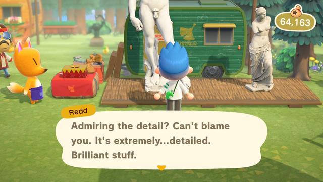 My player avatar is facing a facsimile of Michelangelo's David. Due to my avatar's height and the scale of the statue I am about knee high.

An fox named Redd stands to the side saying: Admiring the detail? Can't blame you. It's extremely...detailed. Brilliant stuff.