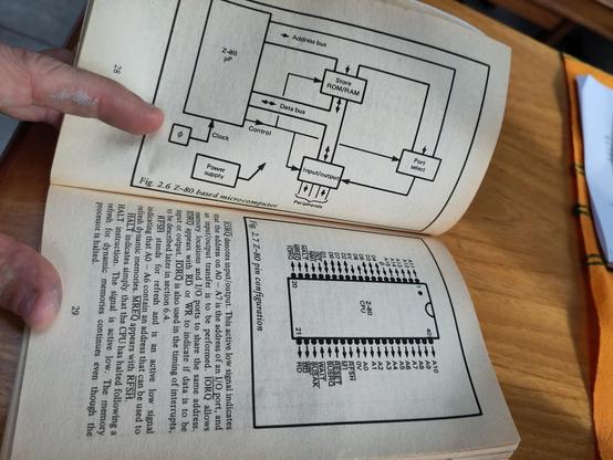 Book pages showing a block diagram and pin layout for a Z80 CPU.