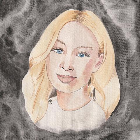 Water colour portrait: Lucy was a blond woman with blue eyes. In this portrait, she smiles friendly at the viewer. The background is in shades of black and dark grey.