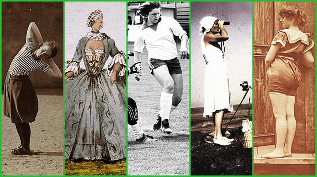 Schwarzweißfoto, Turnerin bei Dehnübung
Zeichnung: Frau in Reifrock
Schwarzweifoto: Fußballerin in Aktion
Farbfoto: Frau stehend in weißem Kleid, durch Fernglas schauend, im Hintergrund Messinstrument
Schwarzweißfoto: Frau in Badekleidung