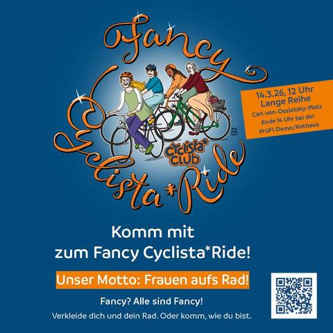 Banner mit den Demodaten. Das Bildmotiv zeigt 4 sehr unterschiedliche Frauen/FLINTA* auf Fahrrädern. Drumherum der Schriftzug Fancy Cyclista*Ride in eleganter Schreibschrift (mit Glitzersternchen)