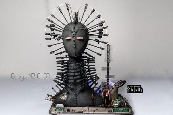 Sculpture of a hybrid biomech human on a white background.