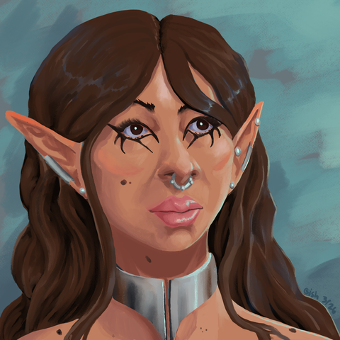 A digital painting of an elf woman with eyeliner and piercings. She is wearing a cuff necklace and has some moles on her skin.