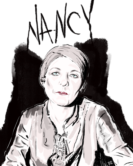 digital ink & pencil sketch of writer & political activist, nancy cunard.
nancy looks straight at her audience, pale blue eyes coruscating & her head wrapped in a 1920s flapper turban.
behind her is a black shadow that resembles wings & from the tips of the shadow, her name is scrawled in uppercase black letters.