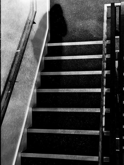 double-exposure effect in monochrome
an upside-down staircase, dark steps with lighter (metal) fringes
wooden handrails
and a dark ghostly figure, hooded, ascending - or descending?