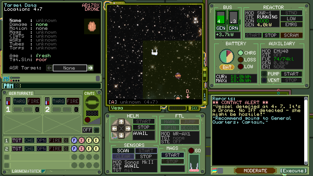 Deck & Conn, a pixel art space ship command game. It's mostly intentionally older and slightly rusty drab-green panels and push-buttons with '70s style lights and gauges.