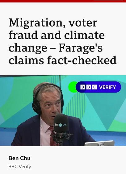 Migration, voter
fraud and climate
change - Farage's
claims fact- -checked