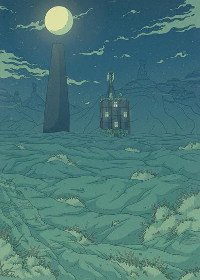 Illustration in green and blue tones, showing a rocky desert at night. On it, a brutalist building and a tall, monolith-like structure stand side by side. On top of the monolith there's a bright sphere, which at first could be mistaken by a moon on the sky.