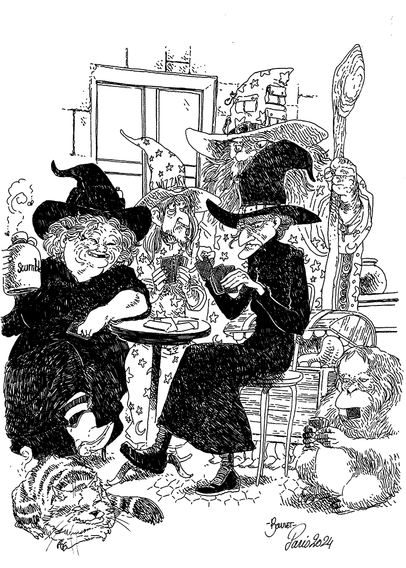 Autour d'une table, Mémé Ciredutemps, Nounou Ogg, le bibliothécaire, Mustrum Ridculle et Rincevent font une partie de Monsieur l'oignon-l'andouille. Gredin et le Bagage sont aussi là