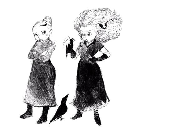 Suzanne, la petite-fille de la Mort, dans ses deux costumes (soit stricte en institutrice, soit en robe et gants noir, en train d'enguirlander à Mort aux Rats qui se tient dans la paume de sa main. Elle a un corbeau à ses pieds.