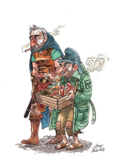 Aquarelle représentant le commandant Vimaire passant devant Planteur JMTLG, son présentoir à saucisses autour du cou.