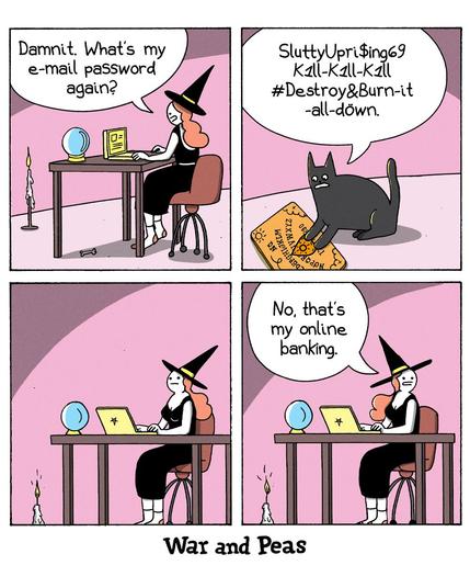 Panel 1: A witch sits at a desk with a laptop, crystal ball, and candle. She says, "Damnit. What's my e-mail password again?" She looks frustrated. Panel 2: A black cat sits on a Ouija board, with its paw on the planchette. The Ouija board spells out, "SluttyUpri$ing69 K1ll-K1ll-K1ll #Destroy&Burn-it-all-dówn." Panel 3: The witch looks back at her laptop, appearing thoughtful. Panel 4: The witch says, "No, that's my online banking."