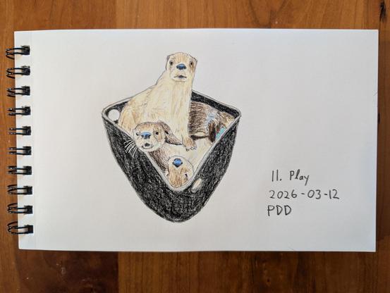 Colored pencil drawing of three river otters playing in a bucket of ice.