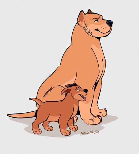 A cartoon doodle of Angelo, a trans male feral pitador dog as a puppy, happily standing next to his father, a male American Pitbull Terrier with cropped ears. He is sitting in a proud manner.